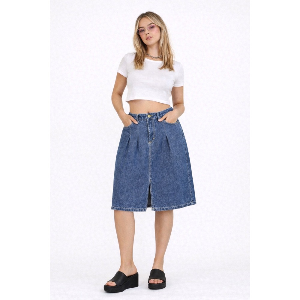 Z1 Vintage Lee Denim Midi Skirt Blue‎ Pleated High Waist Front Slit Womens 8USA